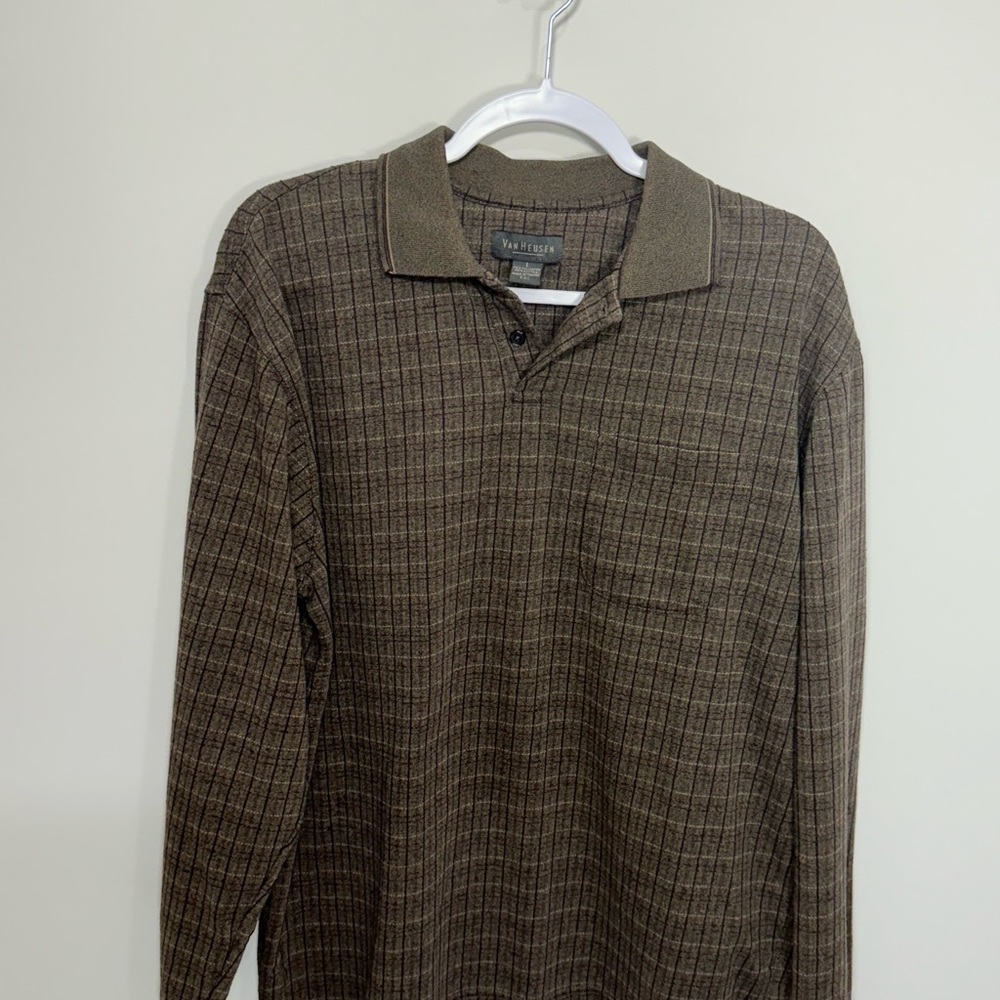 Van Heusen Brown Plaid Long Sleeve Polo Shirt